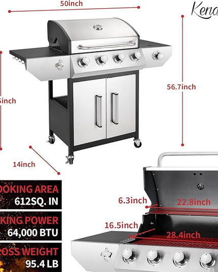 4-Burner Propane Gas BBQ Grill with Side Burner, Barbecue Gas Grill with Enameled Cast Iron Grates for Outdoor Patio Garden Barbecue, 53,000 BTU, Stainless Steel Grill Cover included