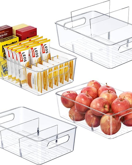 Pantry Organizers and Storage, 4 Pack Snack Organizer for Pantry Shelf,Food Storage Bins with Divider,Clear Containers for Organizing,Transparent Plastic Basket,Refrigerator and Fridge Bins