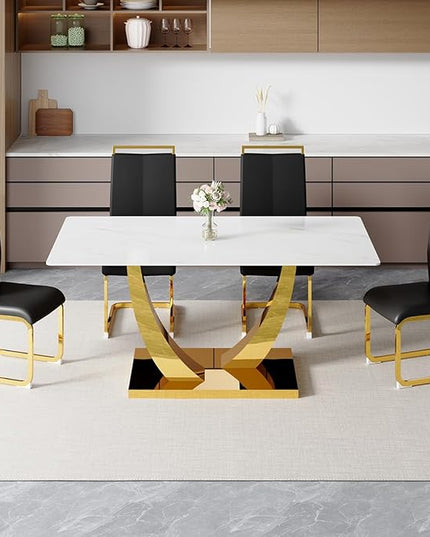 63” Dining Room Table Set for 4,Modern Gold Dining Table Set for 4, Rectangle Kitchen Table Set with Leather Chairs, White Faux Marble Dinner Table Set with Tempered Glass Top and Golden Base