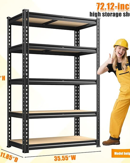 72.12" H Garage Shelving, Storage Shelves Load 2100LBS, 5-Tier Adjustable Shelving Unit with Thickened Wooden Boards for Multiple Scenarios, 72.12" H x 35.55" W x 11.85" D, Black