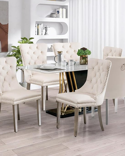 SoarFlash Velvet Dining Chairs Set of 6, Tall Back Side Chair, Modern Upholstered High-end Tufted Side Chair with Button Back Ring, Silver Plated Legs (Beige)