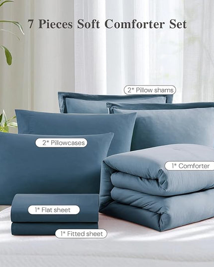 WRENSONGE King Size Comforter Set- 7 Pieces Soft Oxford Blue Bed in a Bag King with Fitted Sheet, Flat Sheet, 2 Pillow Shams, and 2 Pillowcases-Warm King Bedding Set for All Season