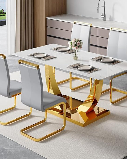 63” Dining Room Table Set for 4,Modern Gold Dining Table Set for 4, Rectangle Kitchen Table Set with Leather Chairs,White Faux Marble Dinner Table Set with Tempered Glass Top and Golden Base