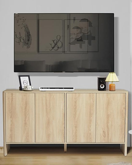 Sideboard Buffets Cabinet, Modern Accent Storage Cabinet with 4 Fluted Doors and Adjustable Shelves, Wood Credenza Buffet Sideboards, Console Table for Kitchen Dining Living Room Entryway (Natural)