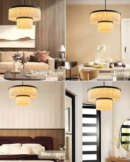 Alabaster Chandelier 2-Tier D24 Round Chandeliers, Modern Dining Room Chandelier Marble Pendant Light Farmhouse for Living Room, Bedroom, Foyer, Kitchen, Entryway Black(Include Bulbs)