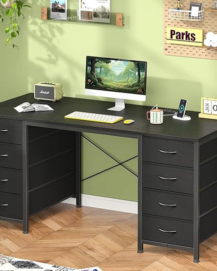 50 Inch Computer Desk with 8 Drawers, Home Office Desk with Power Outlets, Work Study Gaming Desk with 8 Fabric Drawers, Black