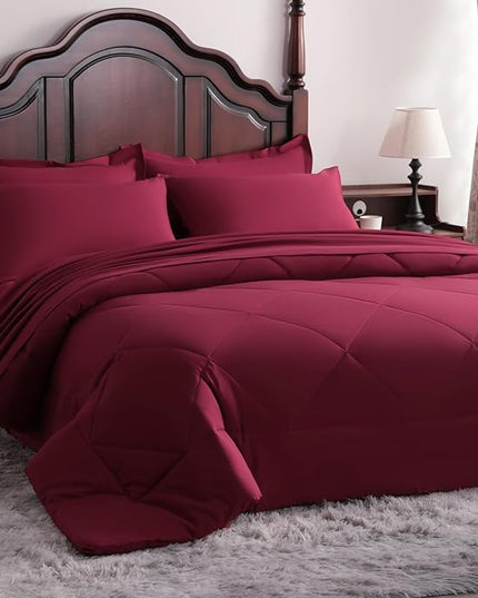 NTBAY Queen Comforter Set with Sheets, 7 Pieces Soft and Breathable Queen Bedding Set, Bed in a Bag, Down Alternative Comforter Set Solid Color All Season, Queen Bedding Set, Wine Red