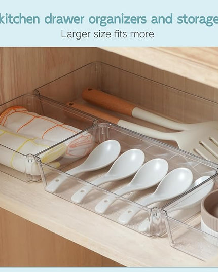 6 Pack Large Clear Plastic Drawer Organizer Trays, Desk Drawer Organizers and Storage Dividers, Non-Slip Storage Bins for Jewelry, Snacks, Office, Bathroom, Bedroom and Kitchen