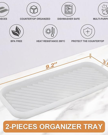 Silicone Organizer Tray, Soap and Sponge Holder for Kitchen Sink, Bathroom - Storage Tray for Dish Brush, Soap Dispenser, Dishwashing Accessories- 2 Pack (Clear)