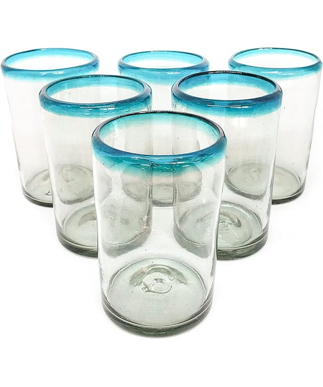 Aqua Blue Rim 14 oz Drinking Glasses (set of 6) Mexican Handmade Glassware, Recycled Glass, Lead-free, Toxin-Free (Drinking)