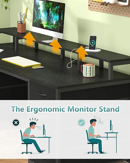 60 Inch Computer Desk with 8 Drawers, Gaming Desk with LED Lights & Power Outlets, Home Office Desk with Monitor Stand, Black