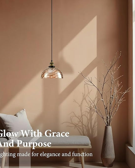 Modern Glass Pendant Light, 9.6"x4.8" Amber Ribbed Globe Light Fixture with Gold Cap, 15"-72" Adjustable Cord, E26 Socket for Dining or Lounge Areas – Sunrise Glow Bell