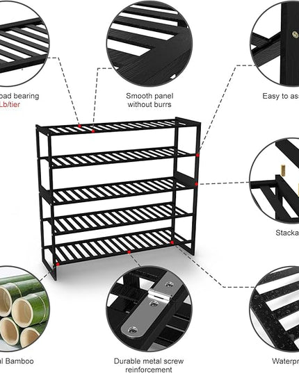 Shoe Rack Bamboo 5 Tier Shoe Organizer, Storage 20-25 Pairs for Closet Entryway, Stackable Large Tall Shoe Shelf Holder Stand Cubby for Door Hallway Bedroom Garage