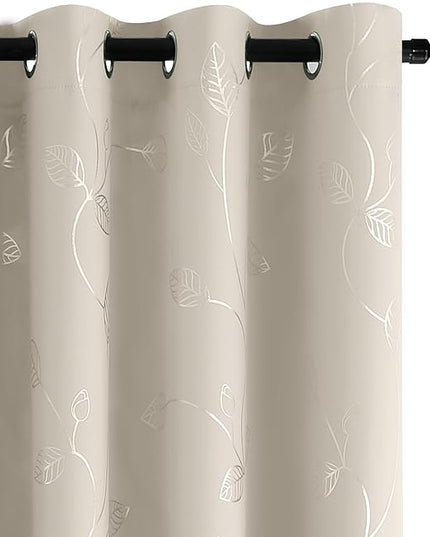 BUHUA White Black Out Curtains 72 Inch Long 2 Panels, Soundproof Curtains with Elegant Silver Leaf Print, Heat Blocking Curtains for Livingroom, 52W x 72L, Natural