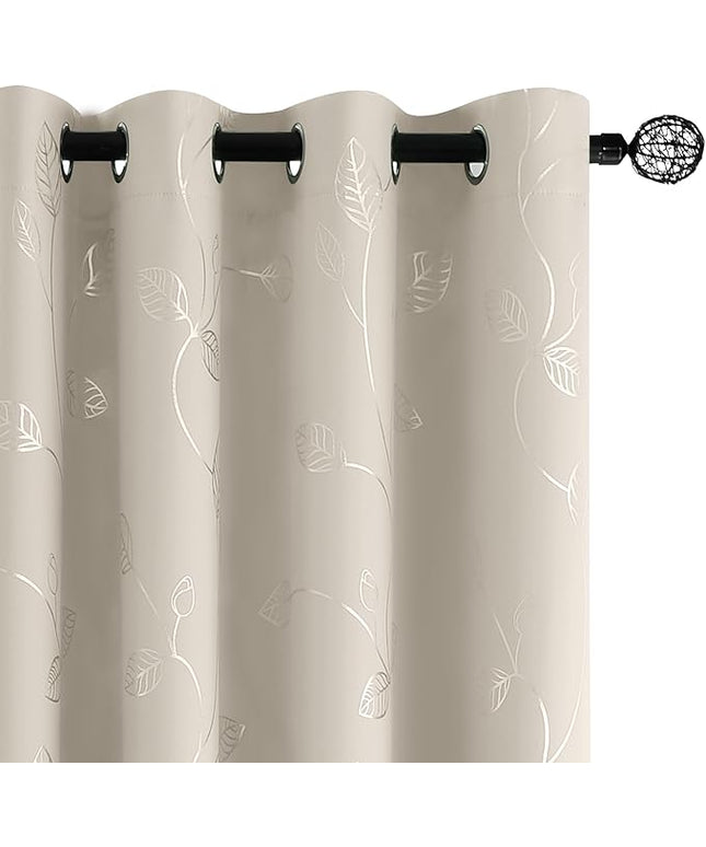 BUHUA White Black Out Curtains 72 Inch Long 2 Panels, Soundproof Curtains with Elegant Silver Leaf Print, Heat Blocking Curtains for Livingroom, 52W x 72L, Natural