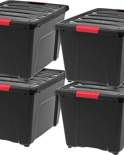 IRIS USA 51 L (54 QT) Plastic Storage Box with Lid and Latches - 4 Pack - BPA-Free, Garage Organizing Solution, Durable Nestable Stackable Containers, Secure Pull Handle - Black