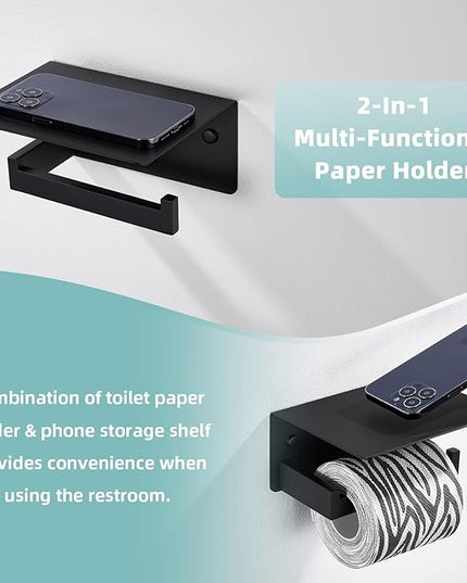 Suyar Toilet Paper Holder with Shelf Matte Black, SUS 304 Stainless Steel Wall Mounted Tissue Holder Phone Shelf for Bathroom