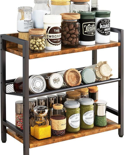 IBUYKE 3-Tier Spice Rack Industrial Counter Shelf Desktop Storage Organizer Standing Seasoning Rack for Countertop Kitchen Office Living Room Desktop Rustic Brown UTLJ021H