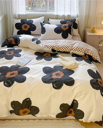 Houseri Black Floral Comforter Set Twin Beige 3D Floral Bedding Comforter Sets Twin Size for Toddler Girls Kawaii Flowers Comforter Cute Relief Print Bedding Beige White Flower Bedding Set Twin