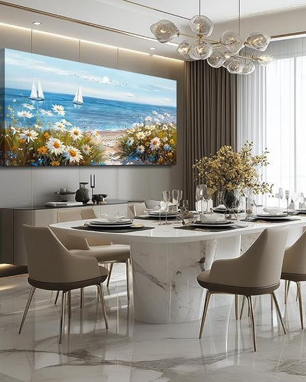 PHAOHUAXM Large Blue Ocean Landscape Canvas Printing Picture Wall Art For Living Room Farmhouse Dinin Mural White Flowers Bedroom Office Wall Decor Home Decor Painting Easy To Hang 30x60 Inches