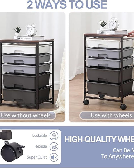 Utility Cart with 5 Drawers,Storage Drawer Cart with Wooden Tabletop and Lockable Wheels,Craft Storage Trolley Cart,5-Tier Rolling Utility Cart on Wheels,Dark Grey