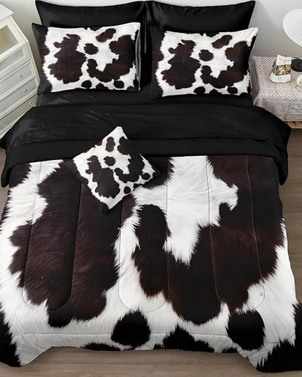 Bedbay Cow Print Comforter Set King Size Bed in a Bag Set Boys Girls Western Farmhouse Animal Print Bedding Set Black White Brown Cowhide Printed Rustic Bedding Comforter 8 Pieces (Cow Print,King)