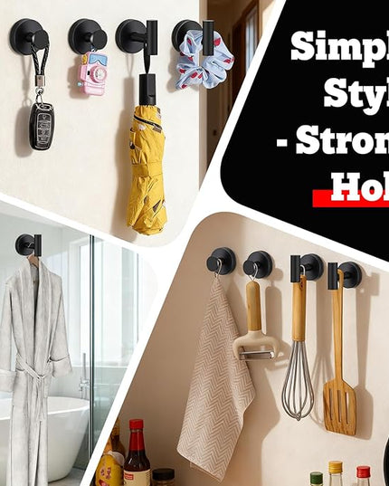 4 Pack Suction Cup Hooks for Shower - Stainless Steel Towel Hooks for Bathroom, Removable Shower Hooks for Bathroom Mirror Window Glass Wall Robe Looafh, Waterproof, Black