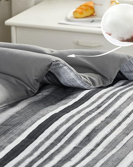KAKIJUMN 7 Piece Bed in a Bag Stripe Comforter Set Queen Size, White Grey Black Patchwork Striped Comforter and Sheet Set, All Season Soft Microfiber Complete Bedding Sets(Grey,Queen)