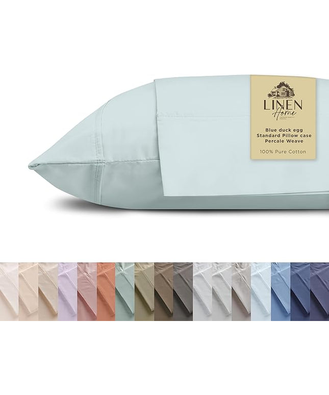 Linen Home 100% Cotton Percale Pillowcases Queen Size, Blue Duck Egg, 2 Pieces of Pillow Case, Crisp and Cool Strong Bed Linen, 20 inches X 30 inches