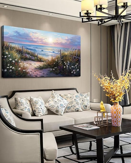 hyidecorart Large Wall Art For Living Room Canvas Wall Decor For Bedroom Blue Ocean Artwork Pictures Flower Beach Scenery Wall Painting Framed for Office Hotel Decor Modern Posters Home Decorations