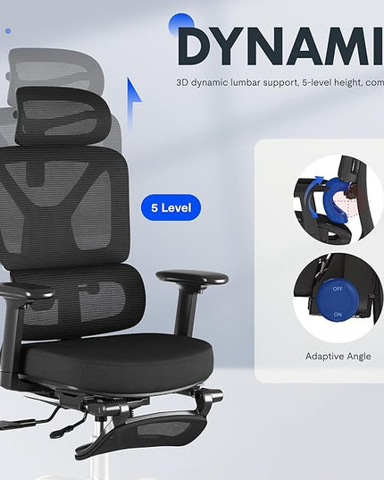 FLEXISPOT ErgoX Premium Ergonomic Office Chair with Footrest- Adjustable 3D Armrests, Dynamic Lumbar Support, Recline & Tilt Function, Mesh Seat, for Home & Office Use,Foam Black