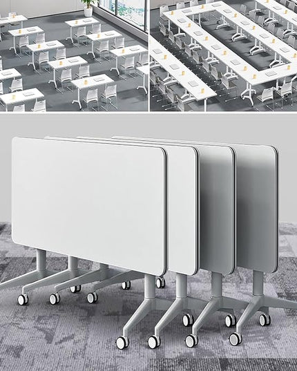 Conference Table, Folding Conference Room Tables on Wheels, Modern Meeting Seminar Table Computer Desk, Boardroom Desk for Office Meeting Conference Room,White,4 Pack 70.8inch