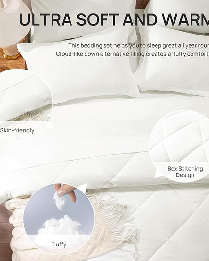 Love's cabin King Size Comforter Set Ivory, 7 Pieces King Bed in a Bag, All Season Bedding Sets with 1 Comforter, 1 Flat Sheet, 1 Fitted Sheet, 2 Pillowcase and 2 Pillow Sham