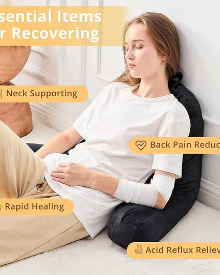 Sasttie Reading Pillow, Velvet Back Pillow for Bed Sitting Up, Adult Back-Rest Support Cushion with Arms for Sit Up on Couch, Sofa, and Floor, Dorm Essentials, Reading Accessories, Black