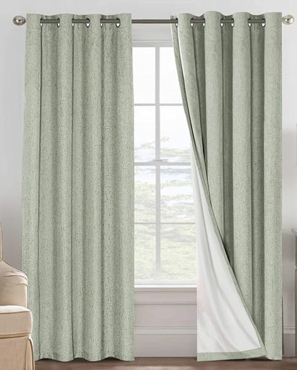 H.VERSAILTEX Linen Blackout Curtains 96 Inches Long 100% Absolutely Blackout Thermal Insulated Textured Linen Look Curtain Draperies Anti-Rust Grommet, Energy Saving with White Liner, 2 Panels, Sage