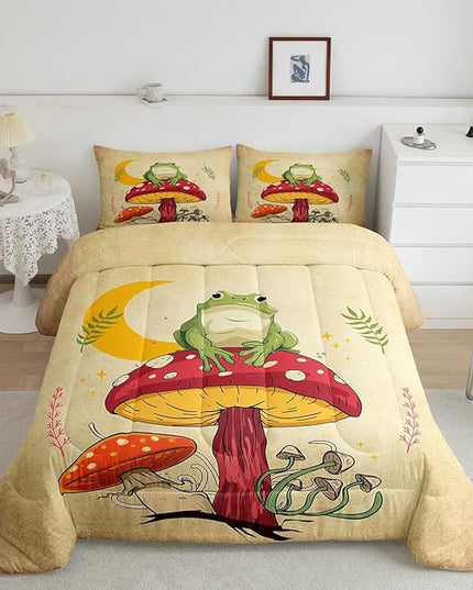 Mushroom Kids Comforter Set King Size,Frog Plants Botanical Colorful Bedding Set,Girls Boys Adults Bedroom Decor,Sun Moon Starry Sky Down Comforter,Brown Rustic Retro Duvet Insert,2 Pillowcases