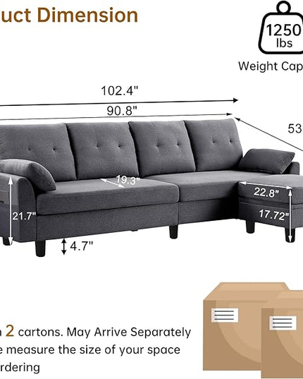 Convertible Sectional Sofa,Modern 4-Seat L Shaped Couch with Storage Ottoman,Linen Fabric Sofa Set for Living Room, Light Gray