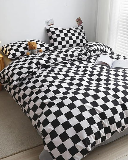 CLOTHKNOW Black White Plaid Queen Comforter Set 3Pcs Grid Bedding Comforter Sets Soft Checker Geometric Queen Comforter with 2 x Pillow Cases