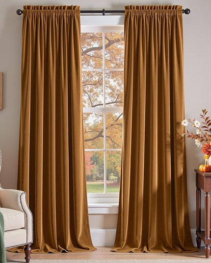 Lazzzy Velvet Blackout Curtains Thermal Insulated Room Window Drapes Super Soft Luxury Curtains for Living Room Bedroom Rod Pocket 2 Panels, Gold Brown, 52" W x 96" L