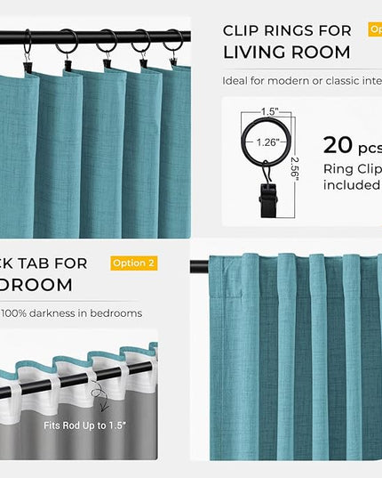 INOVADAY 100% Blackout Curtains for Bedroom, Black Out Curtains 108 Inch Long, Clip Rings Linen Blackout Drapes, Thermal Insulated Room Darkening for Living Room, 2 Panels - Teal,W50xL108
