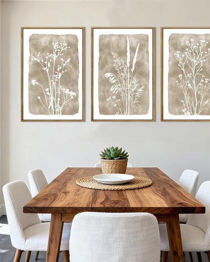 ANHUIB Extra Large Beige Floral Wall Art 24x36 Inch Neutral Floral Wall Decor Vintage Flower Artwork for Living Room Bedroom Office Set of 3