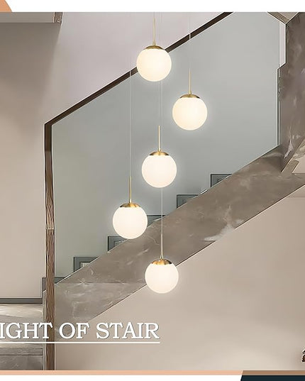 KoKo&Yukina 5-Light Globe Glass Pendant Light Adjustable Length Pendant Lights Fixtures Modern Gold Chandelier with Milky White Glass Ceiling Lights for Foyer Hallway Bedroom (Bulb & Remote Incl.)