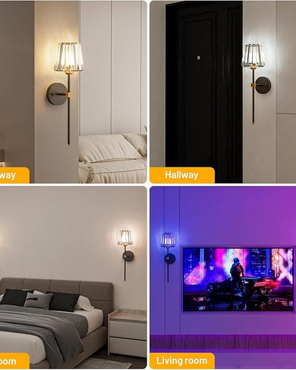 Crystal Battery Operated Wall Sconces Set of 2, Black and Gold Rechargeable Wireless Wall Lights with Crystal Lampshade, 12 RGB and 3CCT Dimmable Wall Lamps with Remote for Bedroom Living Room Hallway