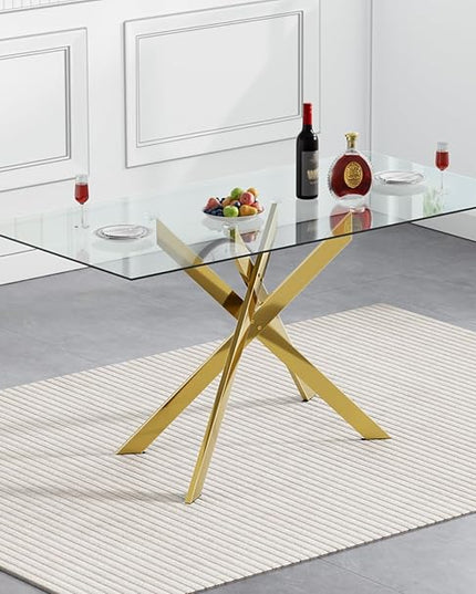 51" Rectangular Glass Dining Table Modern Kitchen Glass Top Table for 4 with Gold Metal Legs, Clear Dining Table Kitchen Table for Home Office Dining Room