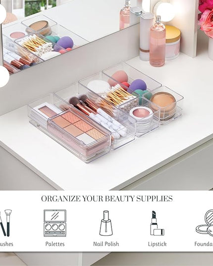 STORi SimpleSort Drawer Organizer Bins 6 pc Set, Multi-size, Bathroom Organizers and Storage, Makeup Organizer, Desk Organizer, Vanity Organizer, Clear Organizing Containers, Made in USA