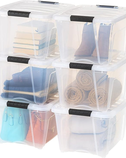 IRIS USA 32 QT Plastic Storage Box with Lid and Latches - 6 Pack - BPA-Free, See-Through Organizing Solution, Durable Nestable Stackable Containers, Secure Pull Handle - Clear