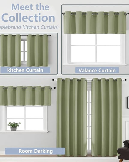 Simplebrand Sage Green Kitchen Valances for Windows 18 Inches Long 2 Pack, Room Darkening Window Valances for Living Room, Grommet Short Straight Drape Kitchen Curtains for Bedroom Kids Room, 40Wx18L