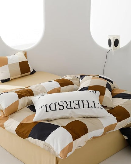 Hosueri Black Brown Plaid Comforter Set California King Muliticolor Grid Bedding Quilt Cal King 3 Pieces Warm Soft Comfy Beige Cream Orange Diamond Check Distorted Bed Comforter Blankets Cal King Size