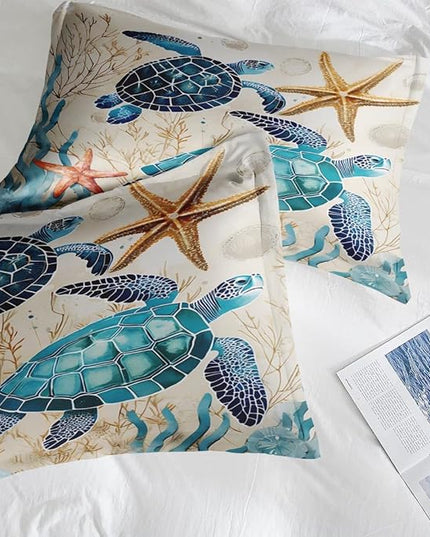Comforter Set Twin Size, Ocean Coral Sea Turtle 5 Pcs Bedding for Kids and Adults, Blue Shell Animal Bed Sheet Sets with Fitted Sheet Pillowcase & Sham for Bedroom Bed Decor