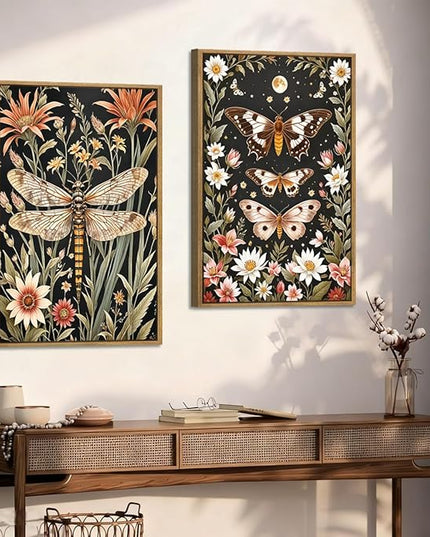 ANHUIB William Morris Wall Art 16x24 Inch Vintage Floral Wall Decor Framed Butterfly Dragonfly Prints Nature Botanical Animal Artwork Set of 3 for Living Room Bedroom Office